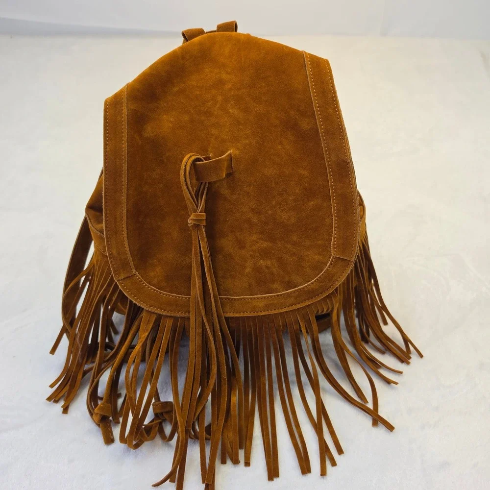 Cognac Brown Suede Fringe Backpack Boho Western Drawstring Bag Women
